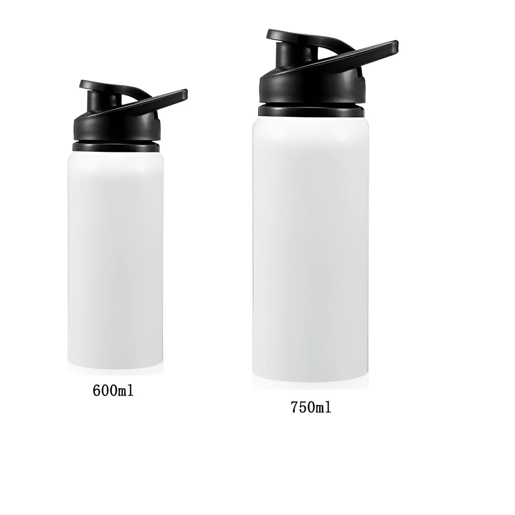 White aluminium sports water bottle showing 600ml and 750ml capacity options for cycling and outdoor use
