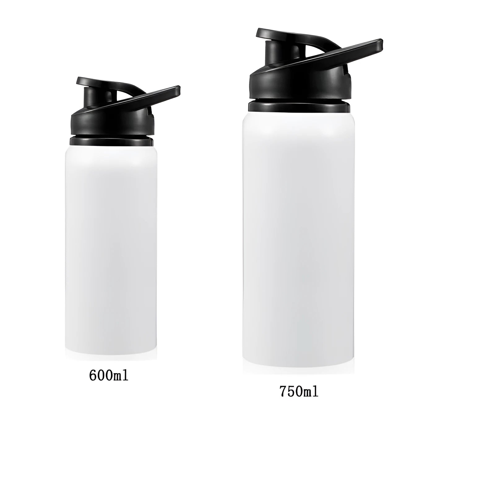 White aluminium sports water bottle showing 600ml and 750ml capacity options for cycling and outdoor use