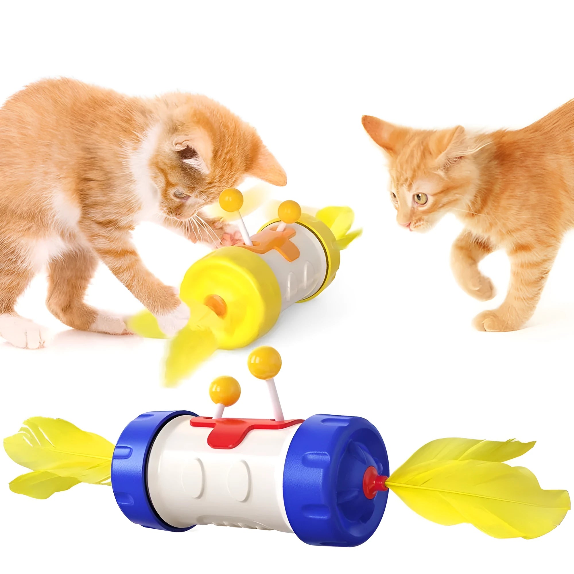Interactive cat toy with stick pole and tumbler feather ball in multiple colour options