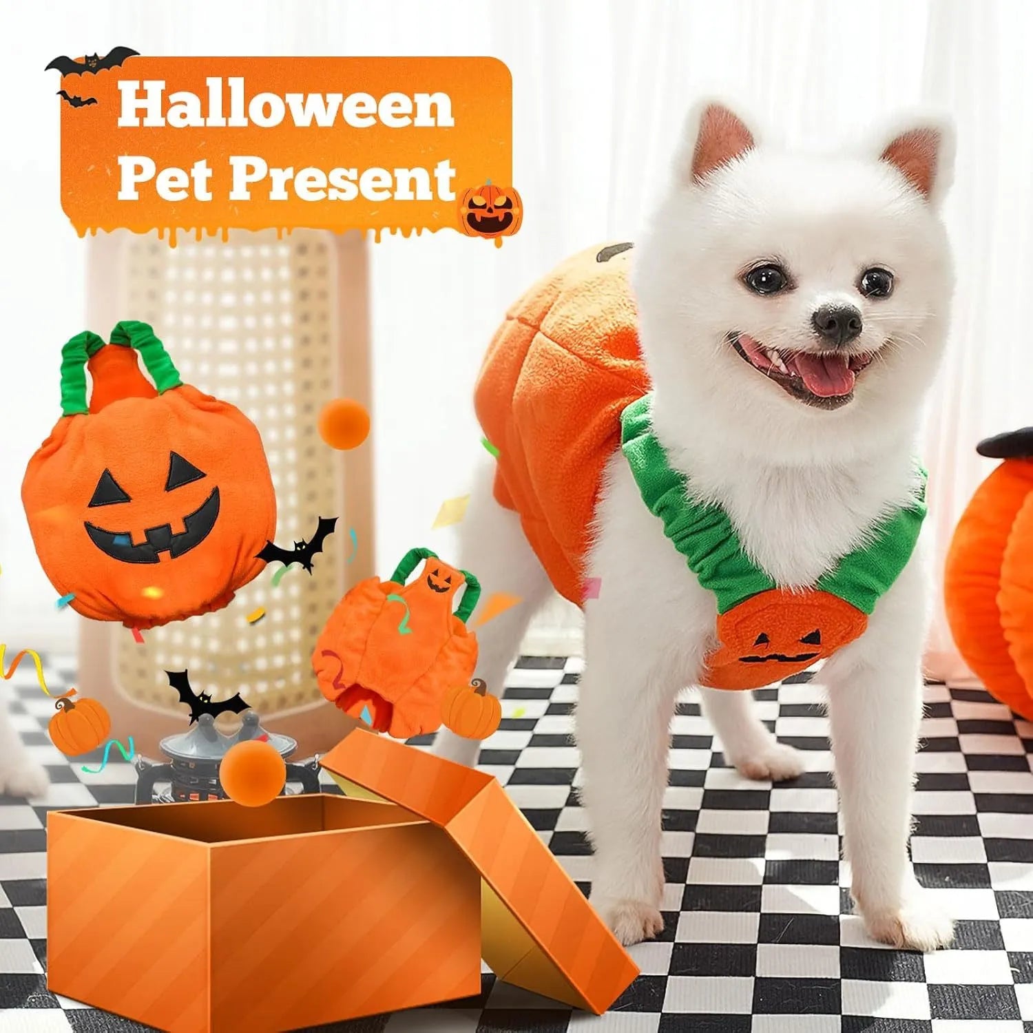 Orange plush pumpkin Halloween costume on small dog with pullover design