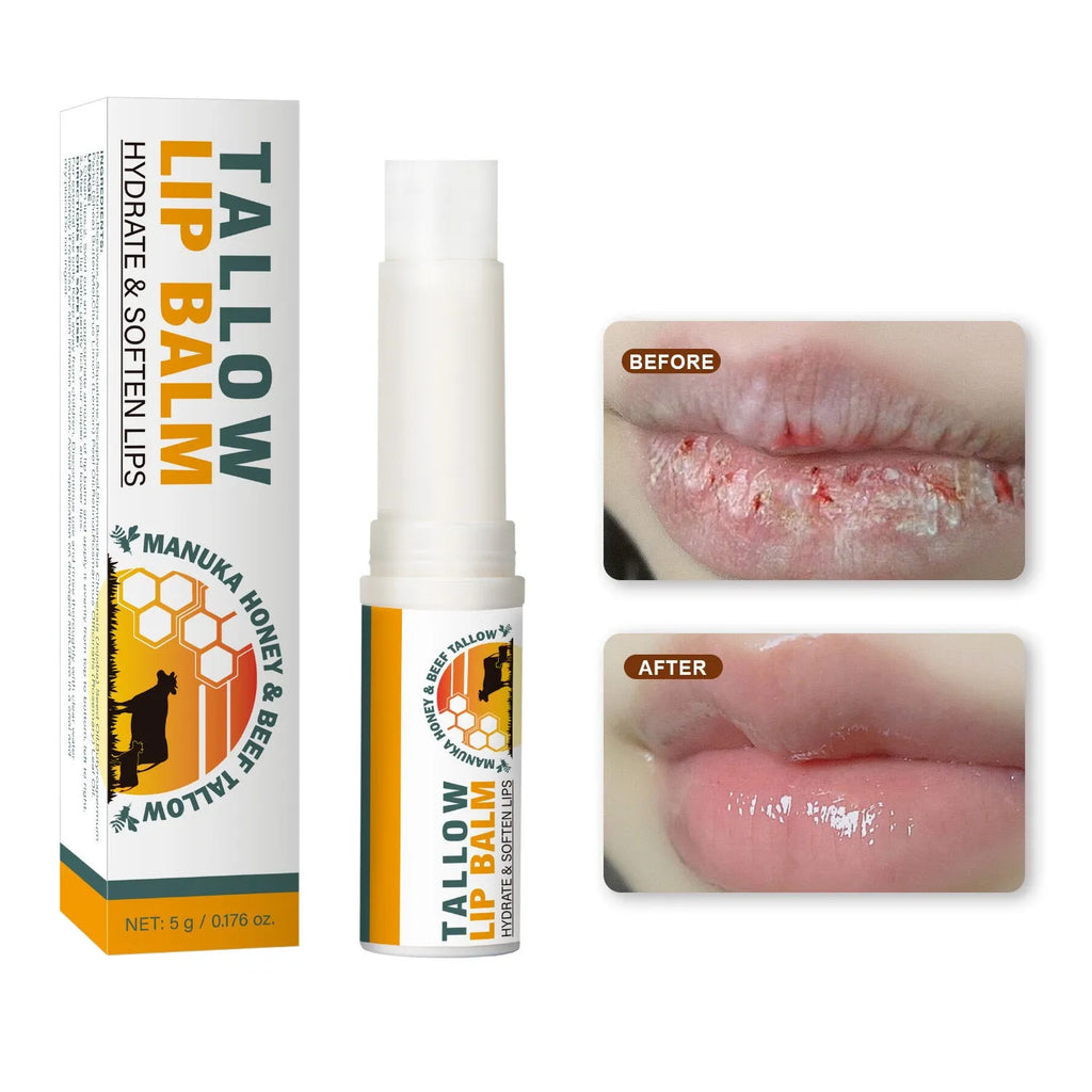 Tallow lip balm stick measuring 83mm in length with square 19mm cross-section containing 5g of product
