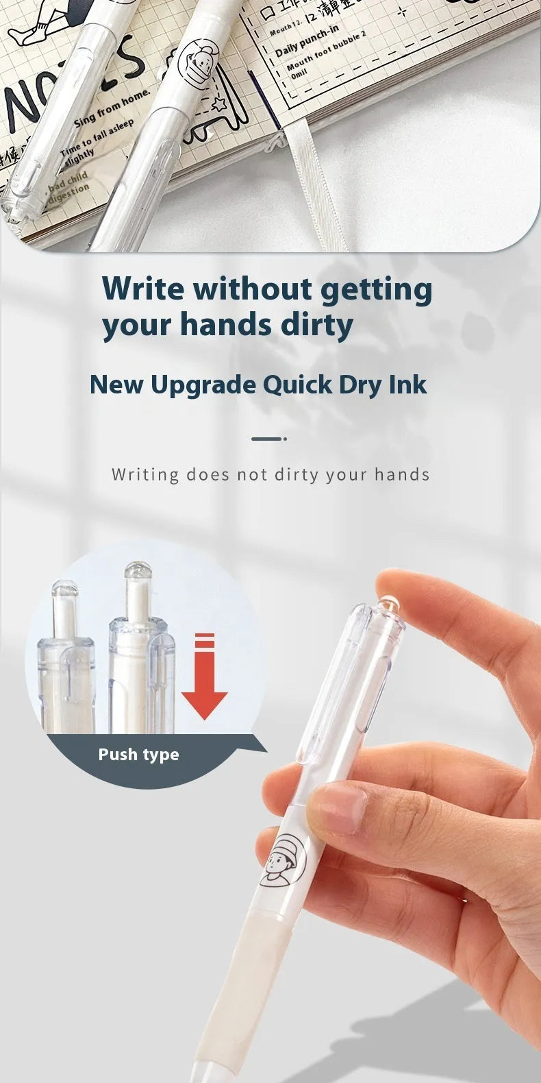 Five black ballpoint pens with white brush details and 0.5mm tips for exam writing
