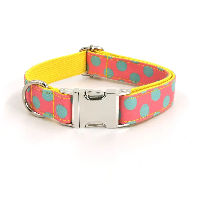 Yellow polka dot dog collar and matching lead rope set with a decorative bow.