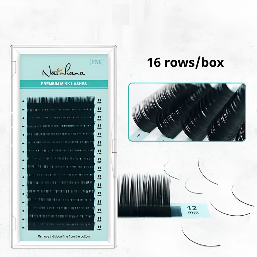 Artificial fibre false eyelashes on a card showing velvet texture and natural curl, with size options from 7mm to 15mm.
