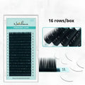 Artificial fibre false eyelashes on a card showing velvet texture and natural curl, with size options from 7mm to 15mm.