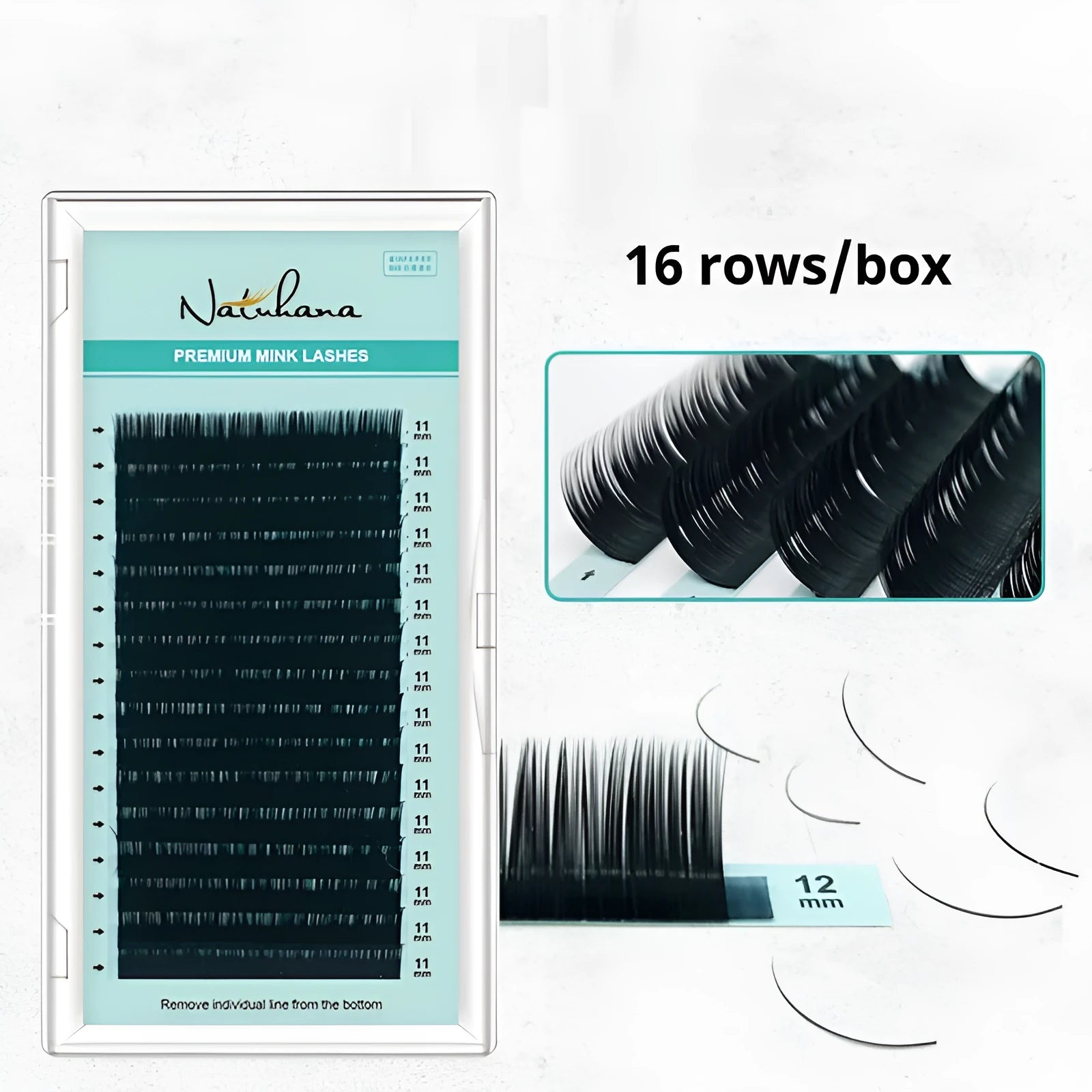 Artificial fibre false eyelashes on a card showing velvet texture and natural curl, with size options from 7mm to 15mm.