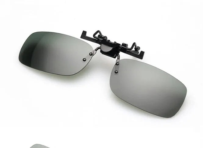 PC plastic clip-on sunglasses for prescription glasses in dark green, grey, and night vision tints