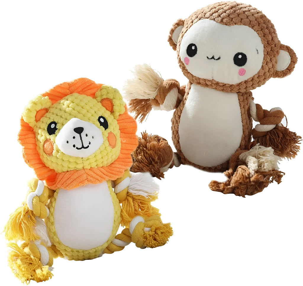 Lion and monkey plush squeaky dog toys with no-stuffing construction for medium large dogs