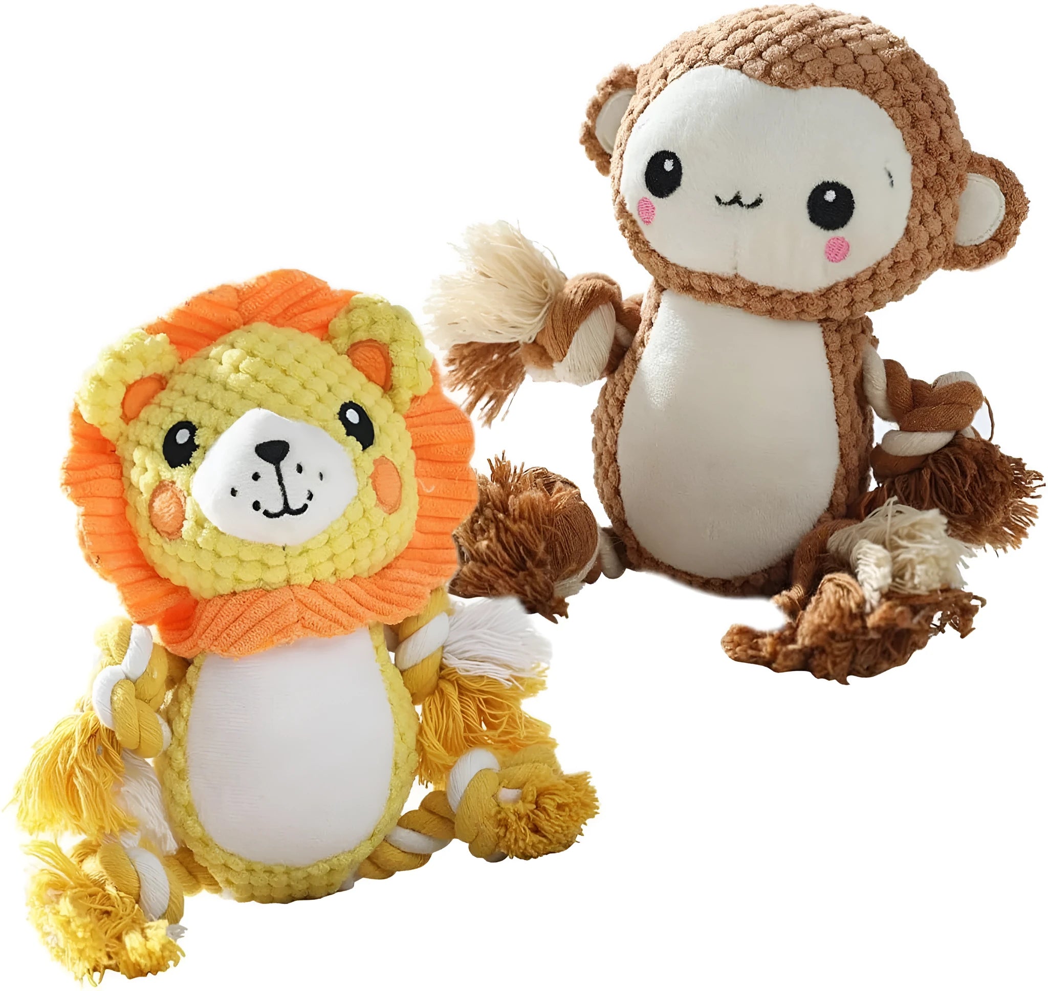 Lion and monkey plush squeaky dog toys with no-stuffing construction for medium large dogs