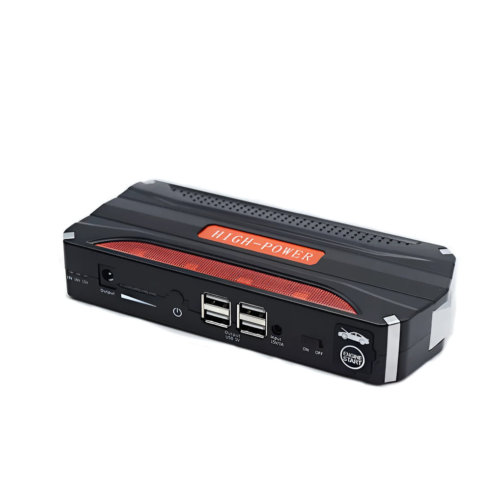 Black and red 12V vehicle emergency starting power supply showing front panel and compact dimensions