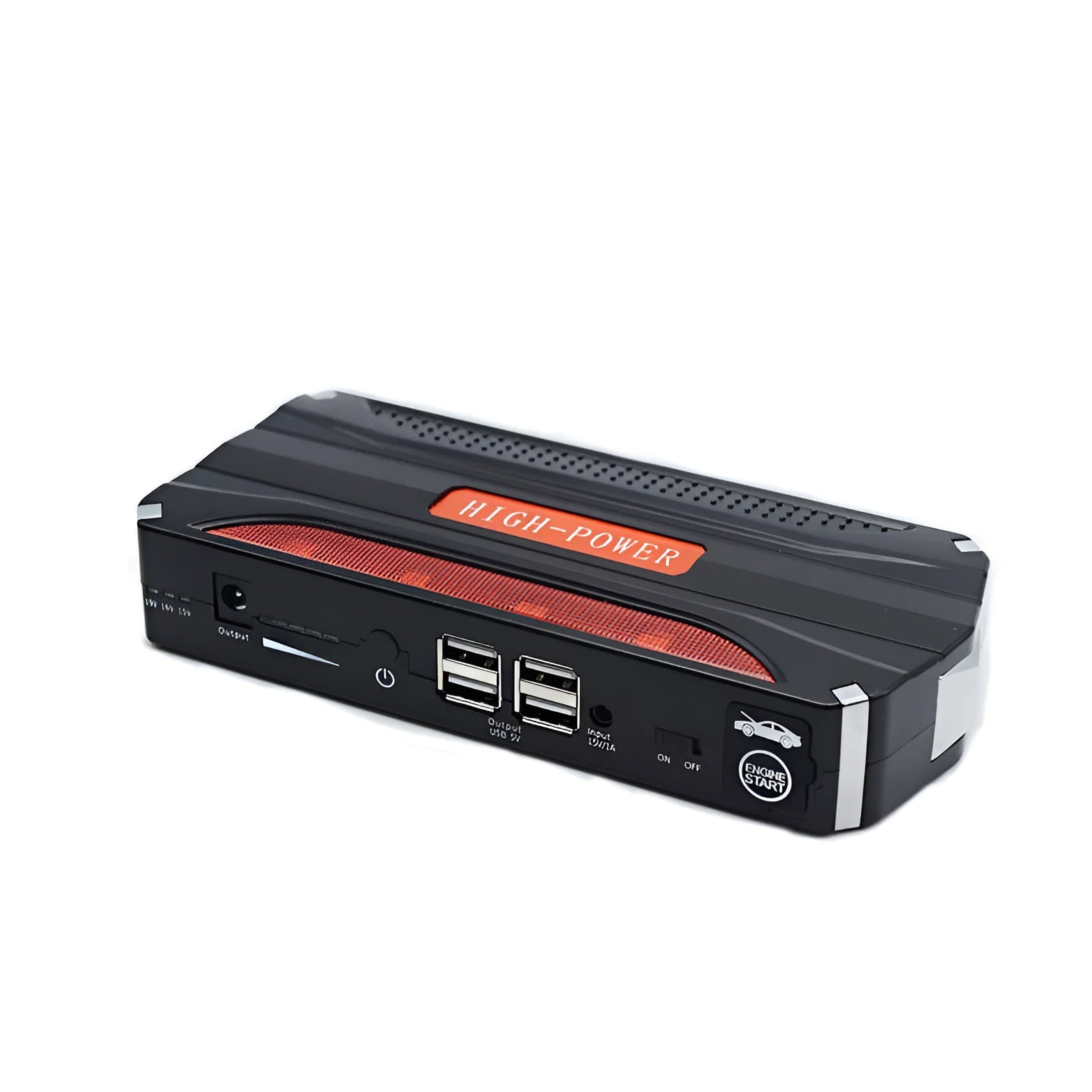 Black and red 12V vehicle emergency starting power supply showing front panel and compact dimensions