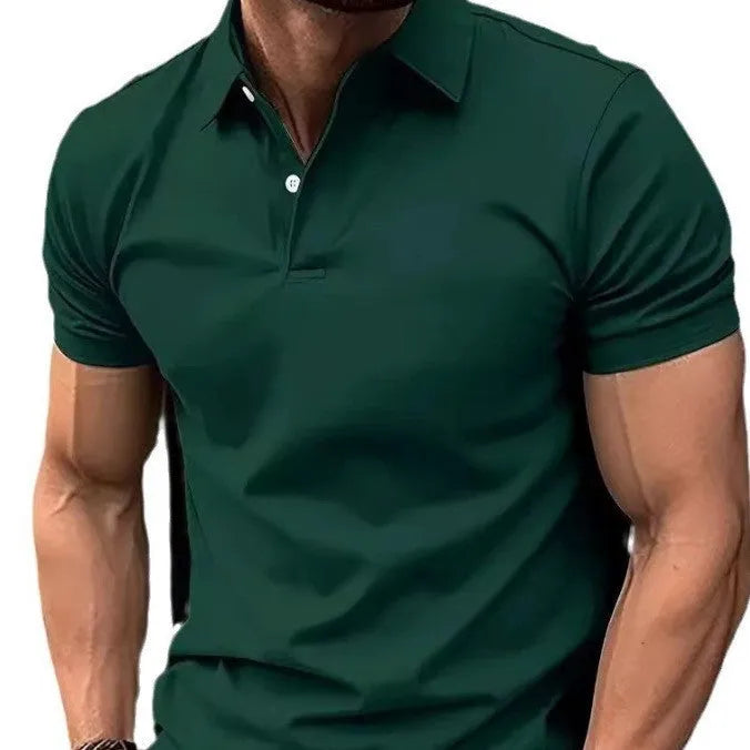 Men's solid colour slim fit short sleeve shirt in cotton mixed fabric on a hanger.