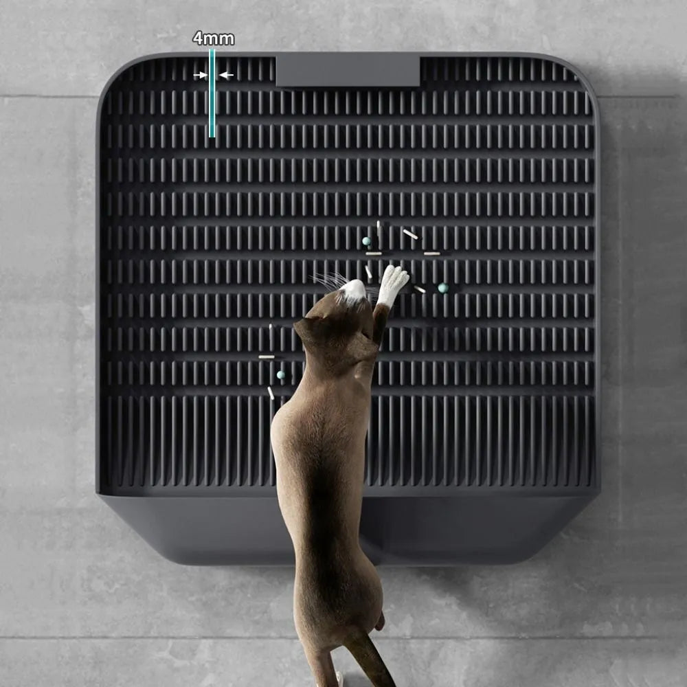 Large black cat litter pedal with slanted mouth design and non-slip base, 37cm square