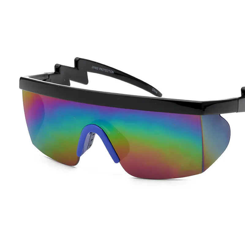 Sports sunglasses with curved foot piece, UV400 protection, and colourful film lenses in white frame