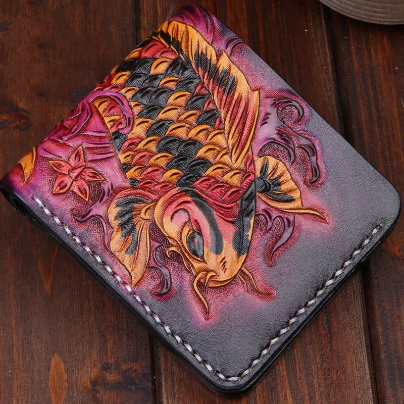 Men's carved leather short wallet in blue, showing open closure and compact size.