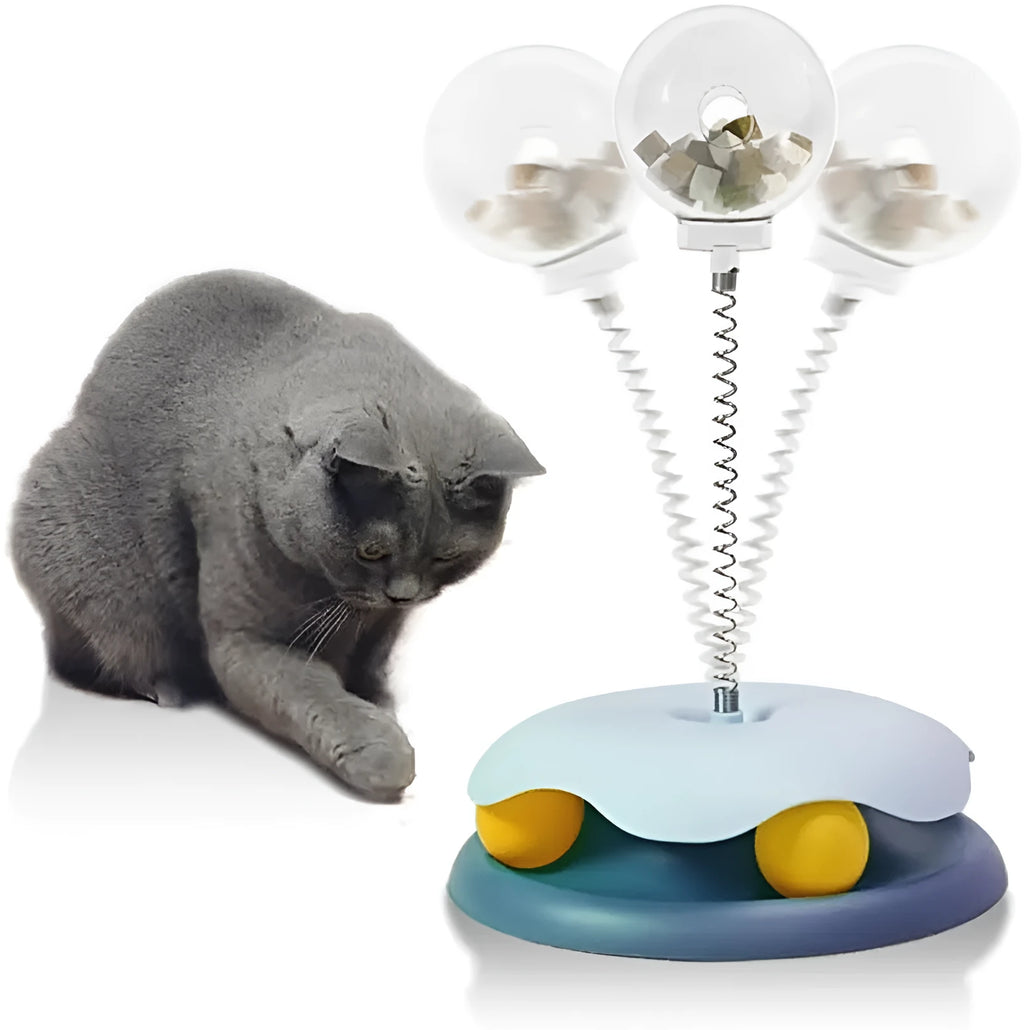 Blue and green PP plastic cat treat dispenser toy with track ball, shown dismantled