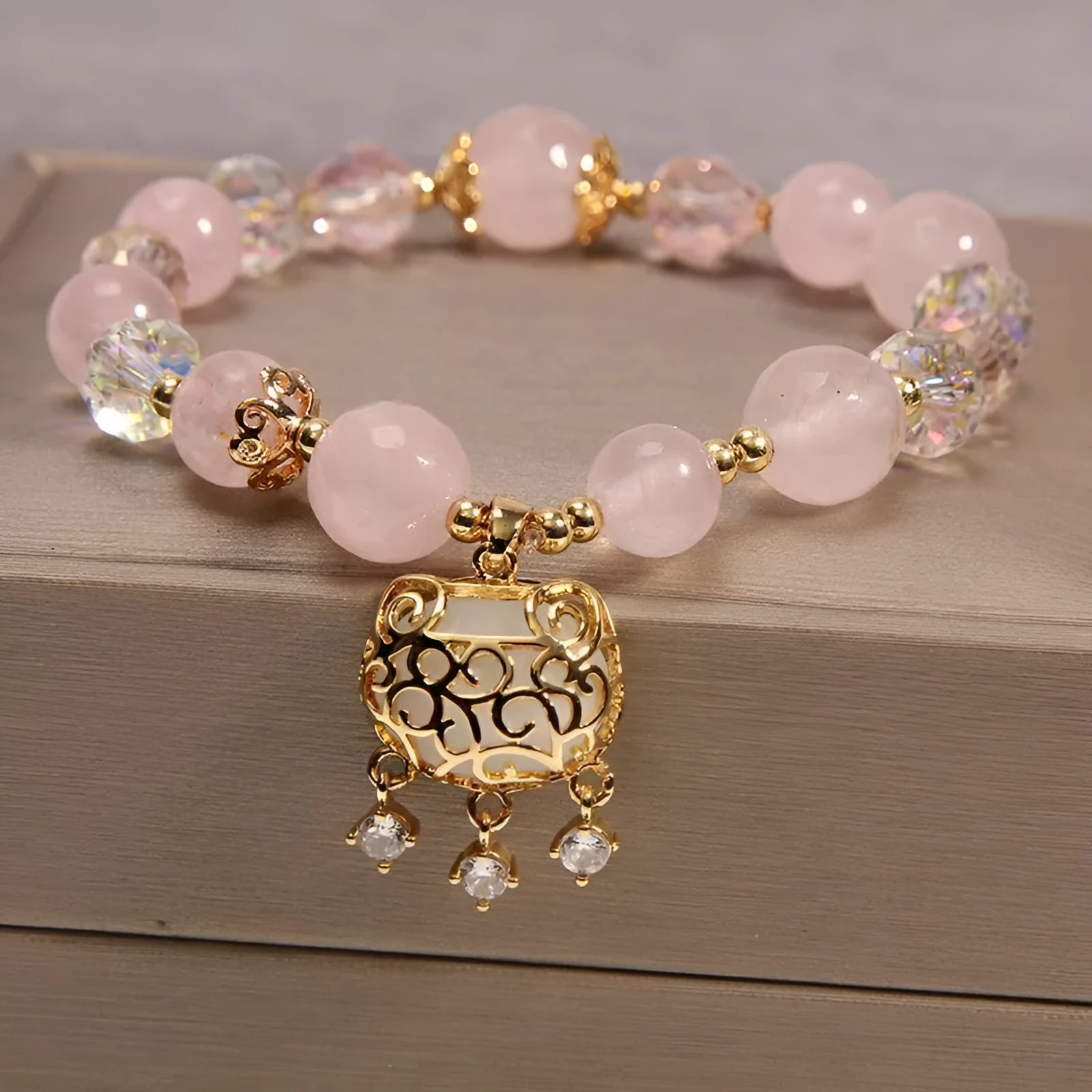 Women's adjustable crystal bracelet with yellow agate stones and gold silk thread.