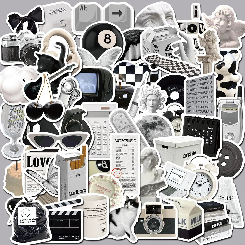 Pack of 61 black and white simple style PVC waterproof stickers for laptops and phones.