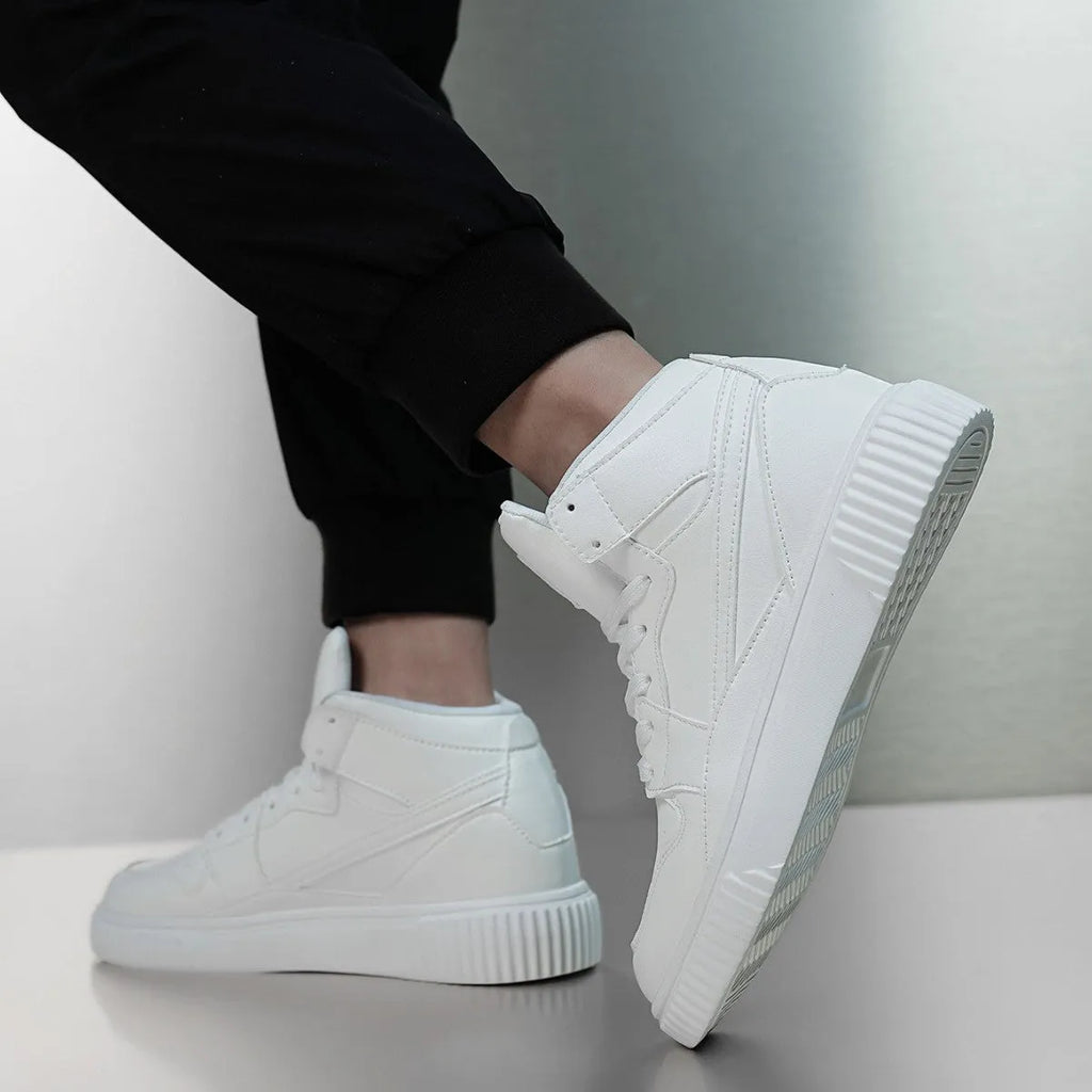 Men's white round toe casual shoes with a microfibre upper on a plain background.