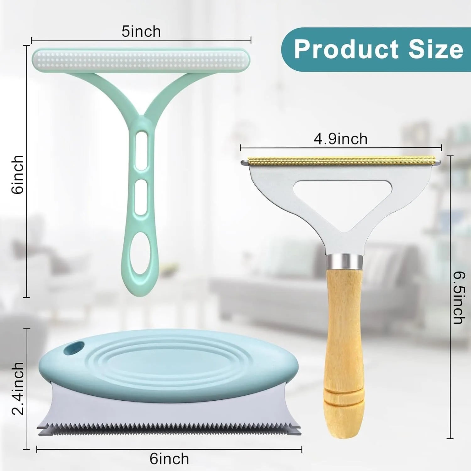 Green three-piece pet hair remover set with metal, silicone, and round cleaning heads.