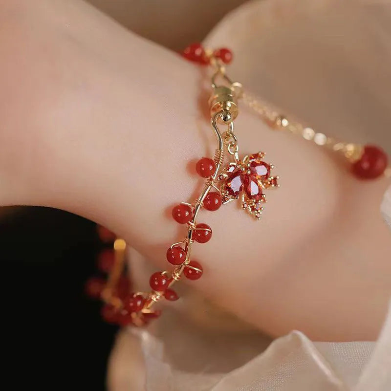 Red ginkgo leaf electroplated magnetic bracelet with a maple leaf design in New Chinese style.