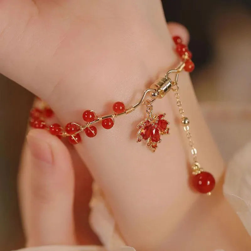 Red ginkgo leaf electroplated magnetic bracelet with a maple leaf design in New Chinese style.