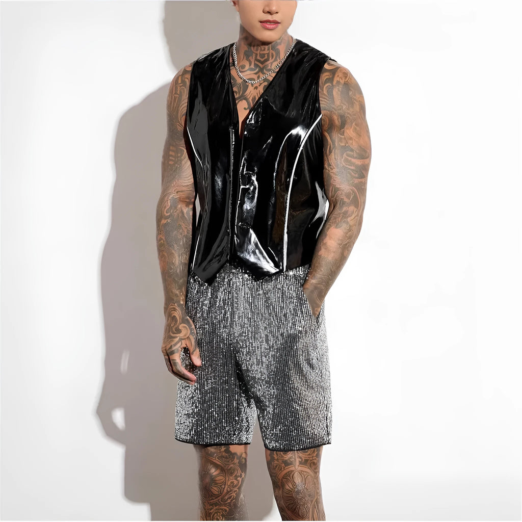 Men's silver sequin straight cut shorts with elastic waistband on mannequin display