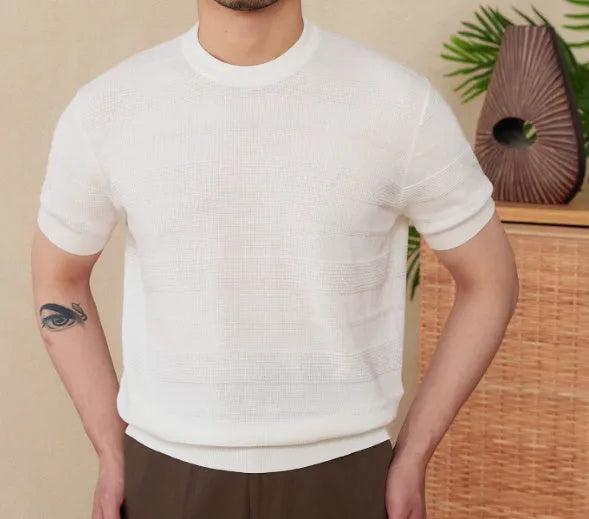 Men's off-white pure cotton short sleeve T-shirt with a round neck on a hanger.