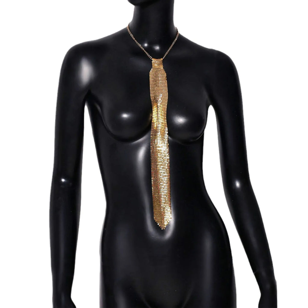 Arrow-shaped metal sequin bow tie with an electroplated finish in silver, black, or gold.