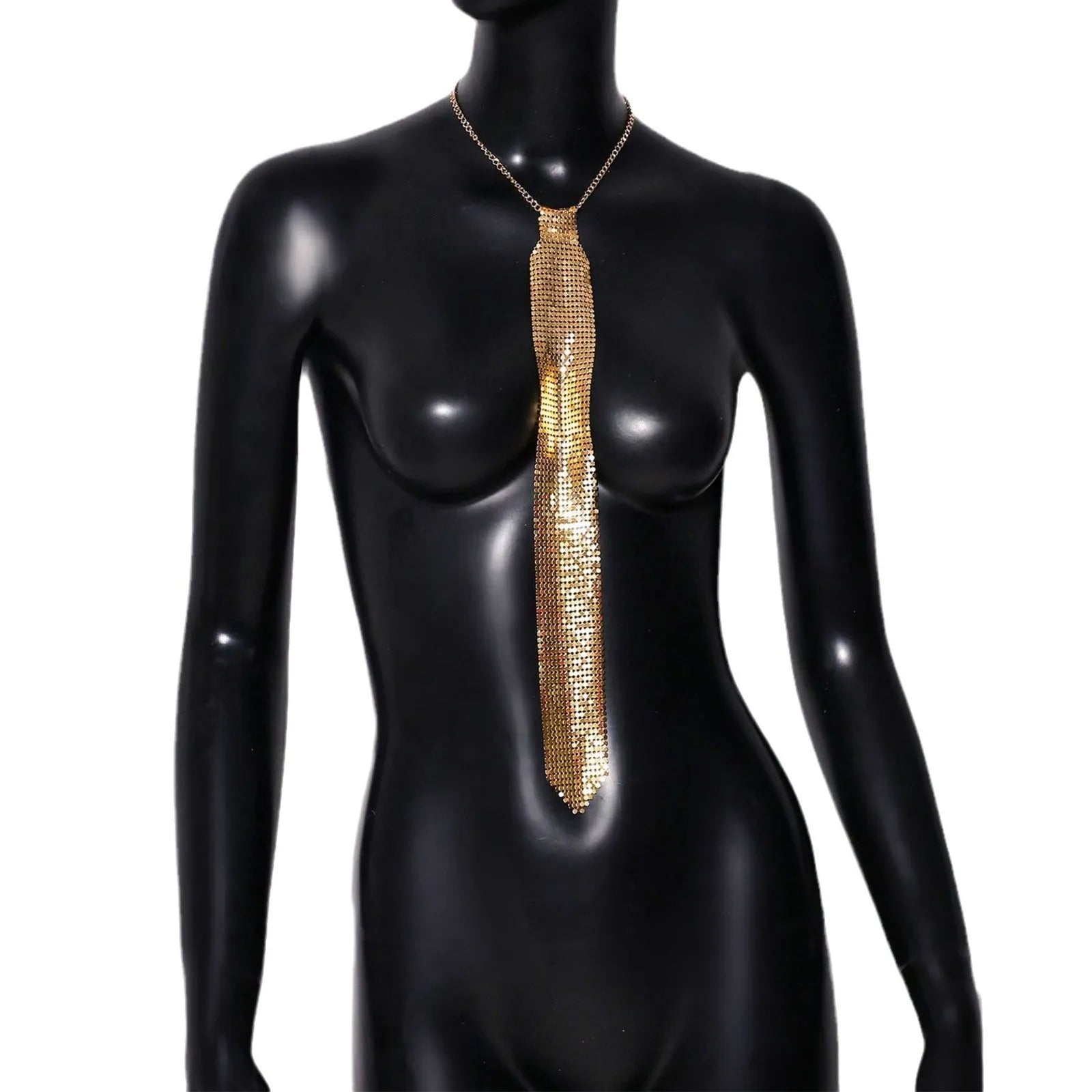 Arrow-shaped metal sequin bow tie with an electroplated finish in silver, black, or gold.