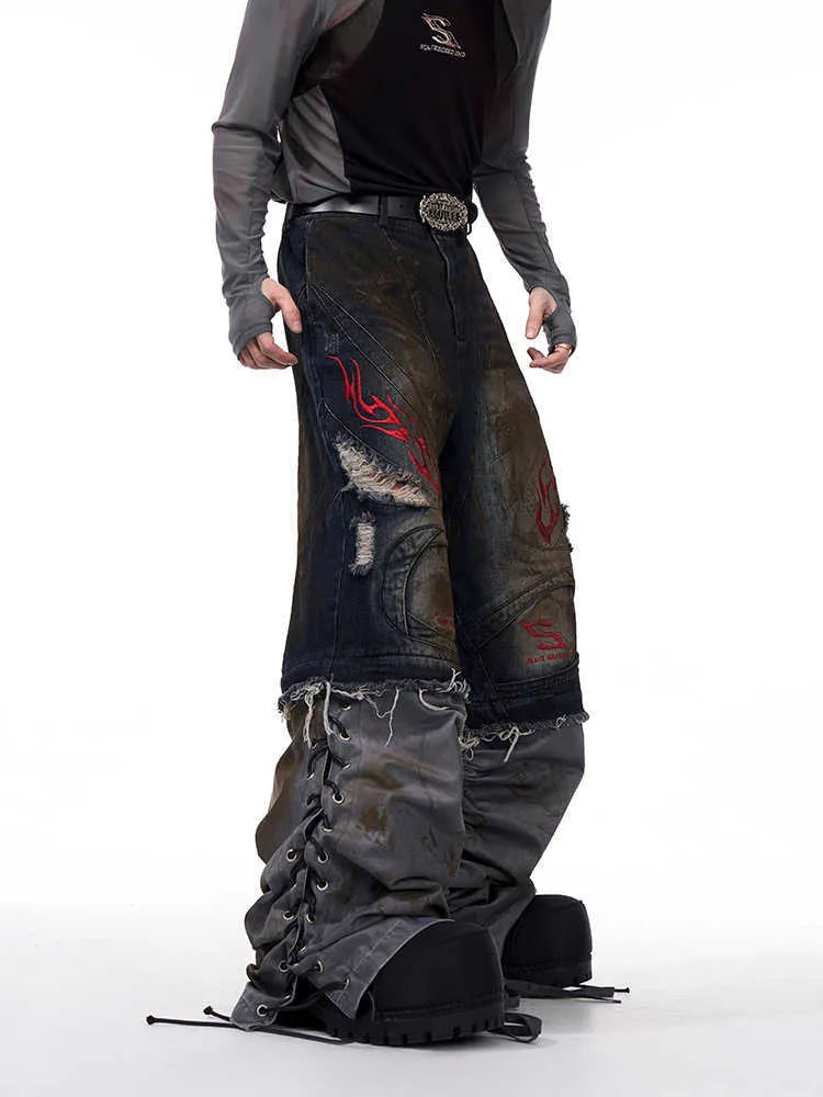Men's retro wide leg jeans with detachable trouser legs in denim, shown in picture colour.