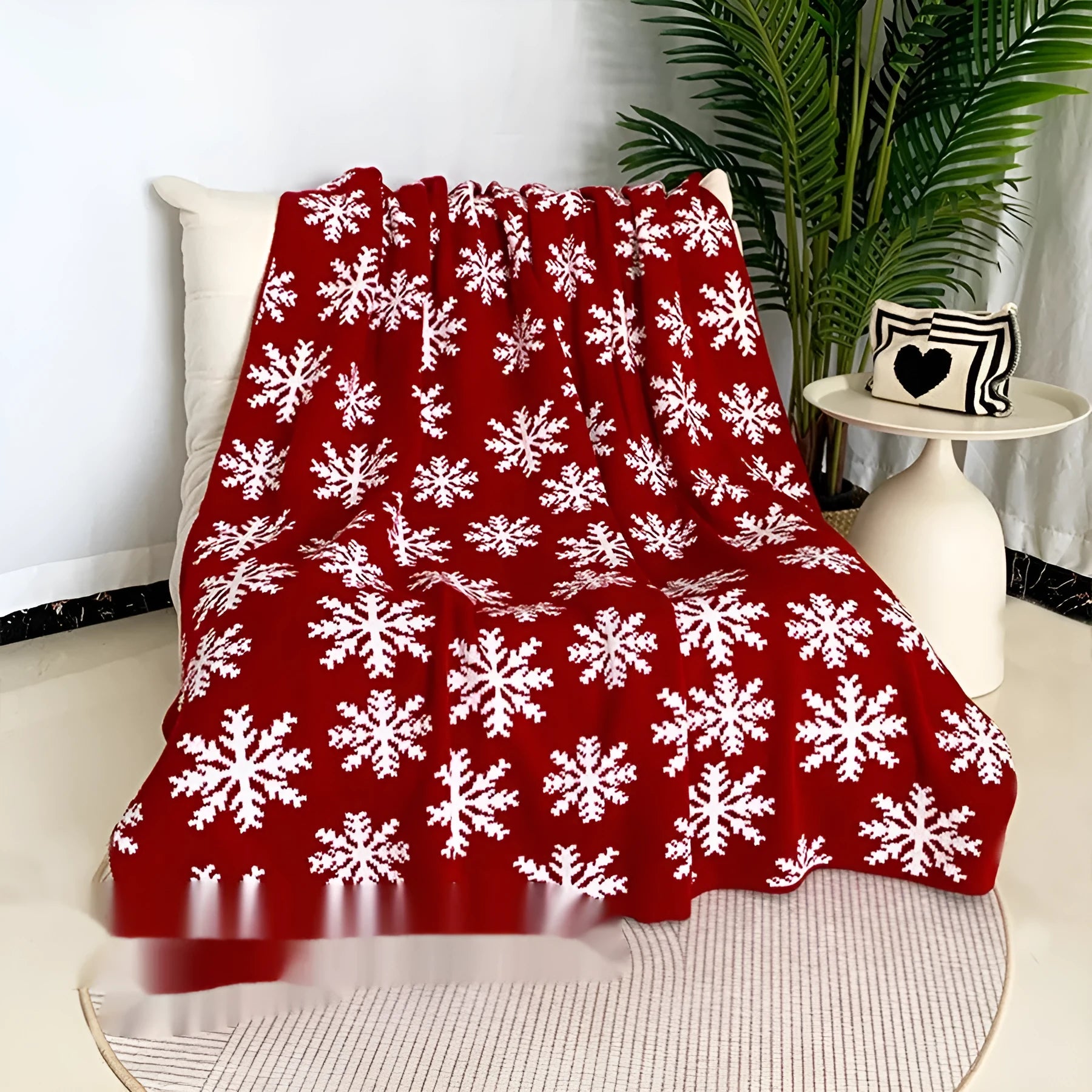 Personalised acrylic Christmas blanket with snowflake or reindeer pattern.