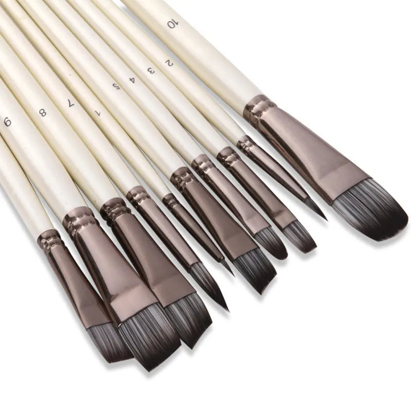 Set of 10 pearlescent white nylon watercolour brushes with wooden handles in PVC bag
