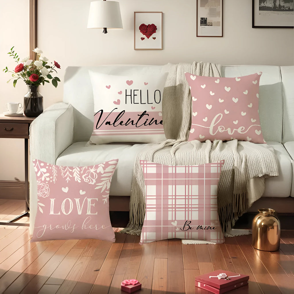 Red and white plaid heart printed pillow cover on a cushion, 45 centimetres square.