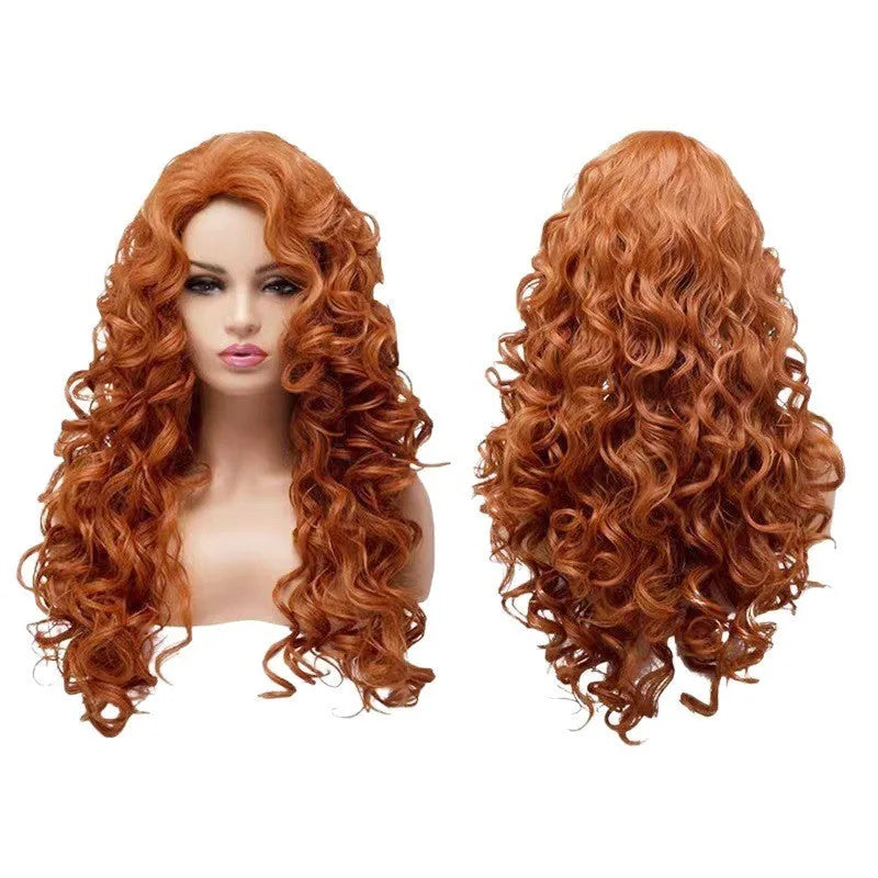 Long brown curly wig with instant noodles style texture for cosplay and Halloween.
