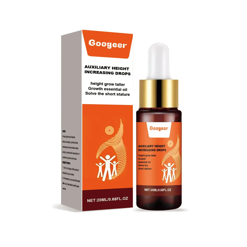 Googeer Auxiliary Height Increasing Drops bottle, 20ml capacity, with packaging showing dimensions.