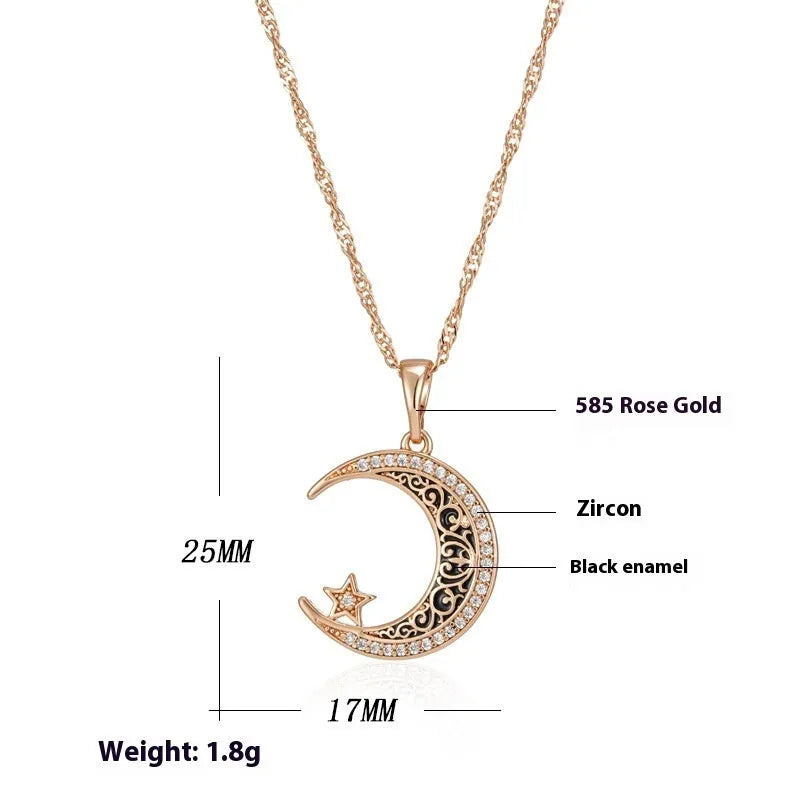 Rose gold star moon necklace with adjustable water wave chain showing zircon and enamel pendant details