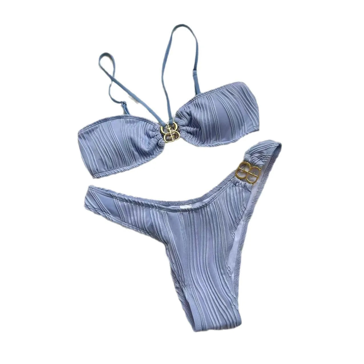 Women's adjustable bikini set with removable cups and halter straps in solid colour