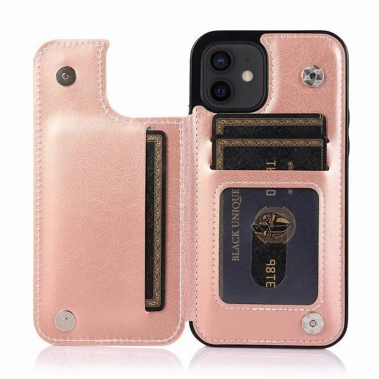 Brown Crazy Horse pattern leather double buckle bracket holster case for iPhone 13 on a table