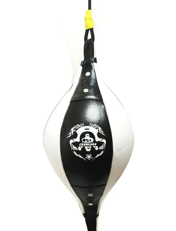 Diamond pattern boxing speed ball hanging from elastic cord in black and red colour option