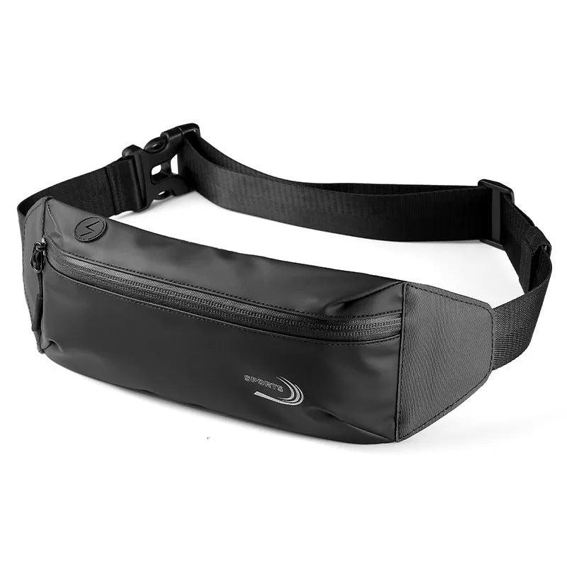 Men's blue waterproof Derm Oxford polyester waist bag for sports, showing its slim 45cm profile.