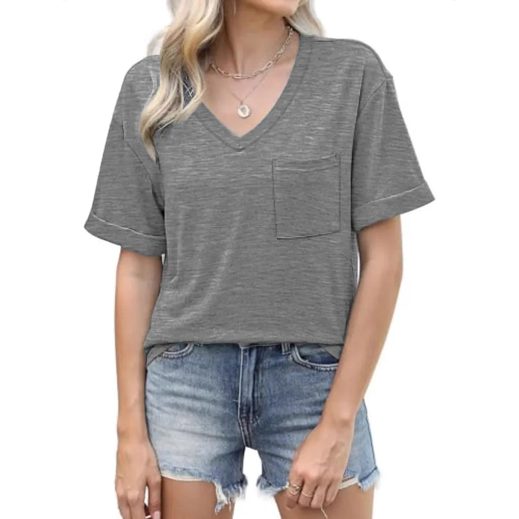 Grey loose fit V-neck T-shirt with short sleeves and a front chest pocket.