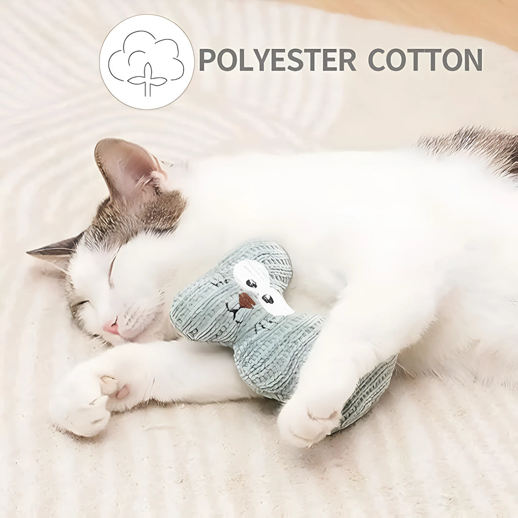 Cyan and light coffee plush cat toys with a rope design on a white background.