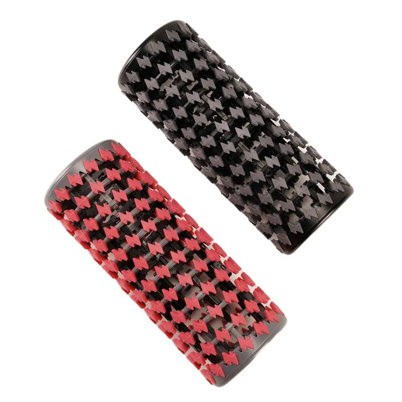 Adjustable telescopic foam roller for muscle massage in red, black, pink, or yellow colour options.