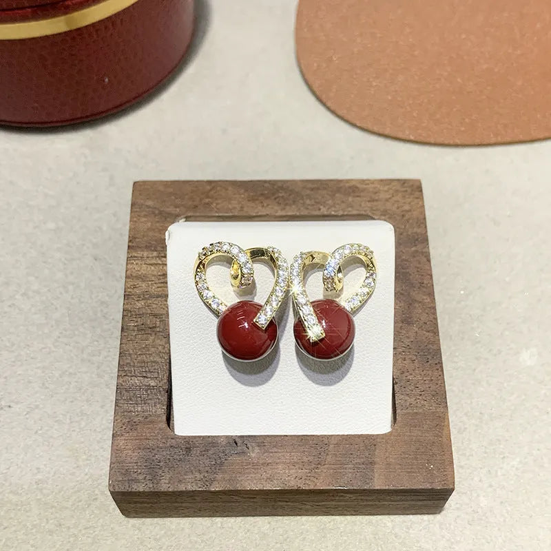 French retro pearl zircon clip-on earrings, crystal flower drop design in gold finish on copper alloy base