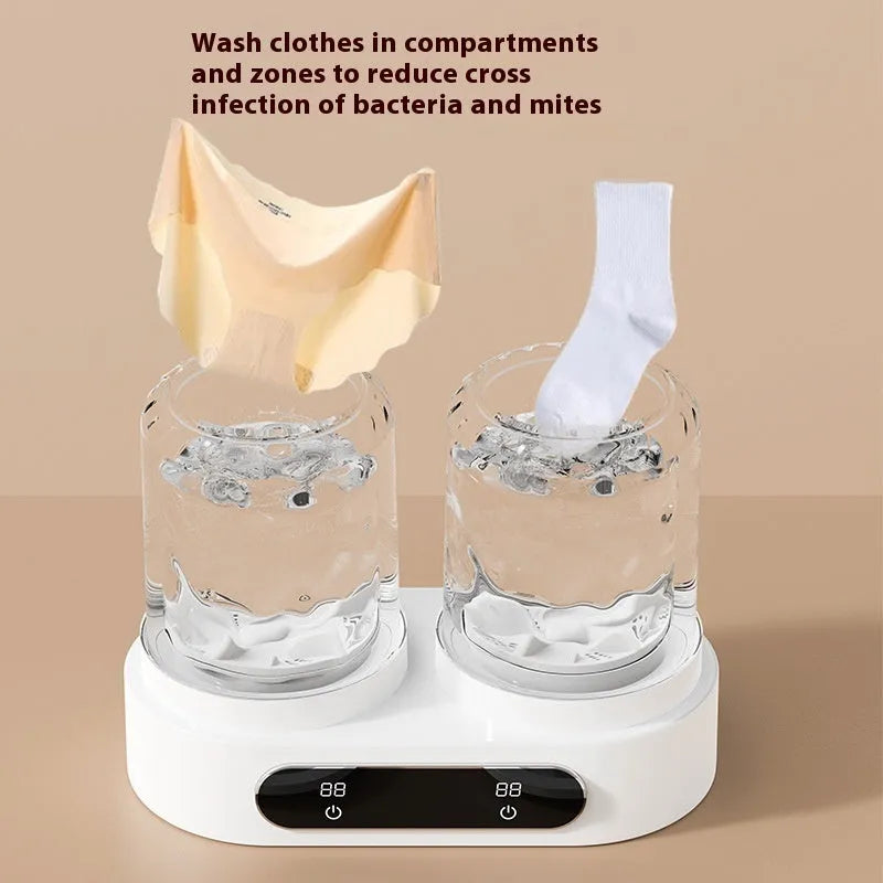 White double bucket mini USB washing machine for small garments on a countertop.