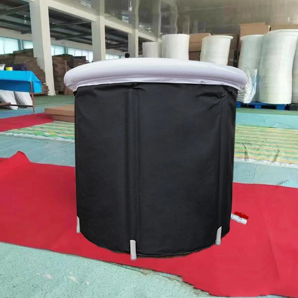 Black portable inflatable ice bath tub with weather lid for recovery therapy