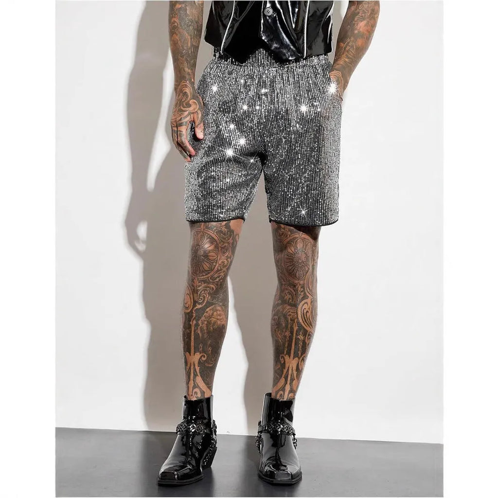 Men's silver sequin straight cut shorts with elastic waistband on mannequin display