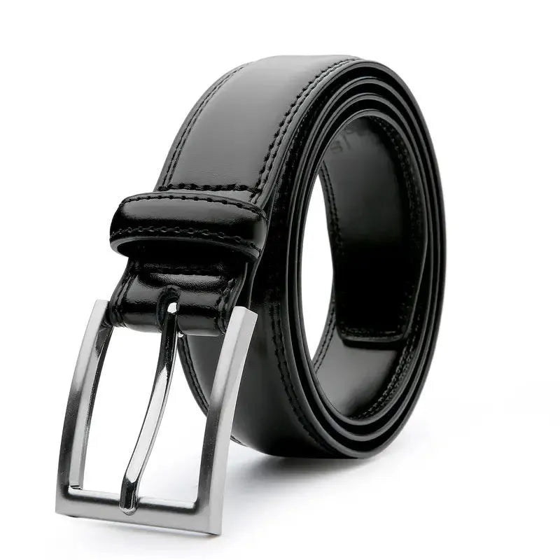 Men's genuine leather casual belt with an alloy buckle, shown in brown grain.