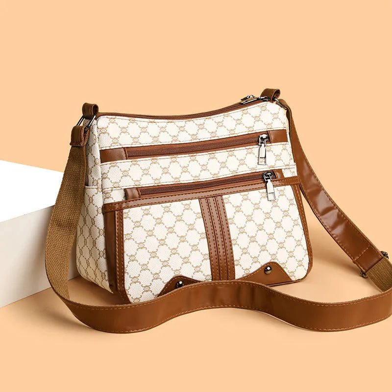 Brown women's crossbody bag with stitching pattern and large capacity design